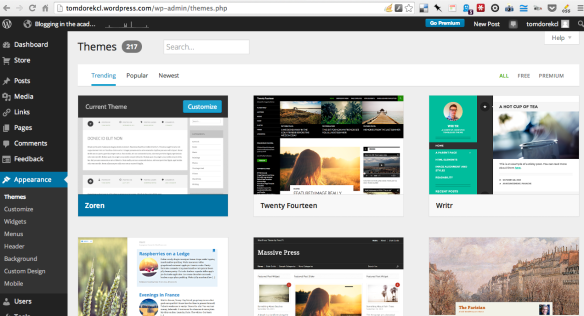 Many themes show as available on WordPress.com